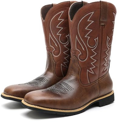 MBTSQOIO Herren-Cowboystiefel, Klassische Bestickte Western-Herren Stiefel, Eckige Zehen-Slip-On-Stiefel, Country-Stiefeletten Mit Dickem Absatz, Langlebige Kurze Stiefel,Braun,46 EU