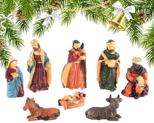 Generisch Nativity Sculpture, Nativity Figure Set - 8 x Resin Christmas Desktop Ornaments, Collectable Figure for Festive Table Decoration, Including Jesus, Mary and Joseph