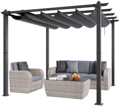 VEVOR 10'x10' Outdoor Retractable Pergola with Canopy, Aluminum Pergola with Retractable Canopy, Modern Style, Sun Shade for Patios, Gardens, Decks, Backyards (Gray)