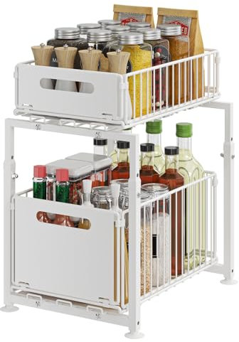 YunNasi Organizzatore sotto il lavandino 2 livelli regolabile in altezza armadio portaoggetti in metallo da cucina organizer scorrevole per bagno organizer multiuso per armadio (Bianco, Modello-A)