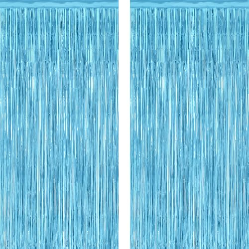 2 Pack Backdrop Curtains, 3.28 Feet x 7.05 Feet Sky Blue Tinsel Backdrop, Metallic Fringe Curtains Foil Tinsel Party Streamer, Winter Backdrop Happy Birthday Party Supplies