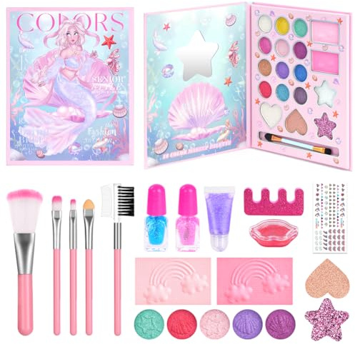 Aomig Trucchi Bambina Set, 12 Pz di Trucco per Bambini, Set Trucco per Bambini Ragazze, Anallergici e Lavabile, Sirena Set Trucco Ragazze Bambina, Regali di Natale per Feste di Compleanno per Ragazze