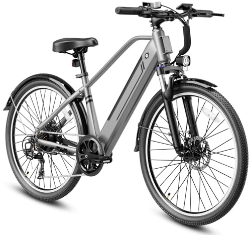 Jasion YC1 Electric Bike for Adults, 26'' Commuter Ebike 1200W 375WH Removable Battery, 25MPH 40miles, Electric Bicycles for Women/Man, UL2849 Certified (YC1 ebike, Gray)