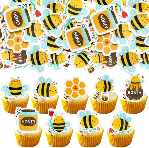 Gyufise 54Pcs Edible Bumble Bee Cupcake Toppers Wafer Paper Honey Bee Party Cake Decorations Edible Oh Babee Cupcake Picks for Bee Theme Baby Shower Birthday Party Food Decorations Supplies