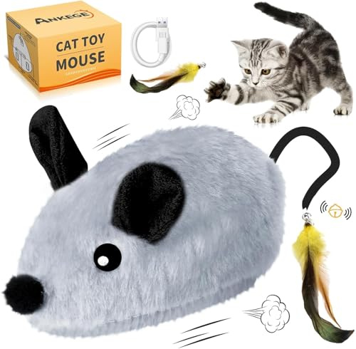TETSMG Katzenspielzeug Selbstbeschäftigung Elektrisch Maus mit Federschwanz, Magic Maus Katze, Interaktives Katzenspielzeug Maus Mäuse mit LED Licht, Wiederaufladbar Spielmaus Maus für Katze (Grau A)