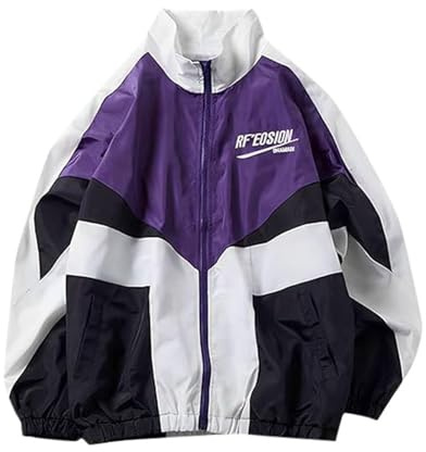 Generisch 2025 - Chaqueta retro de gran tamaño con estilo patchwork de colores, ropa deportiva casual vintage, cortavientos, chaqueta de abrigo para mujer, morado, M