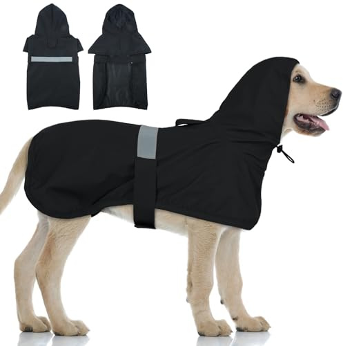 Lelepet Hund Regenmantel, wasserdichte Regenjacke für Große Hunde, Hunderegenmantel mit Reflektierendem Streifen, Regencape mit Kapuze Verstellbar Winddicht (Schwarz, XL)