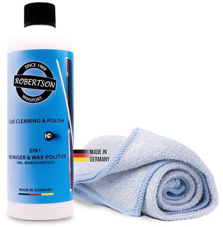 Robertson Billardqueue Oberteil Reiniger 2in1 mit Wachs-Effekt. Cue-Shaft Cleaning/Wax and Conditioner, inkl. Tuch, 200ml. Optimale Pflege, frei von Lösungsmitteln, Made in Germany