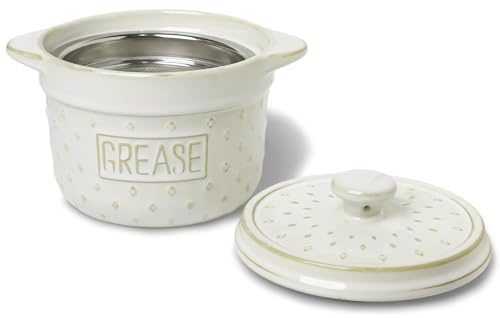 QUXIJA Ceramic Bacon Grease Container with Strainer -18oz,Ceramic Frying Oil Container Keeper for Kitchen, Easy-Grip Handle,Dishwasher Safe (Vintage White)