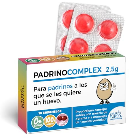 Caramelos de broma PADRINOCOMPLEX | Caja con 12 caramelos sin azúcar sabor cereza | Detalle original para padrinos que cuidan, miman | Regalo de cumpleaños