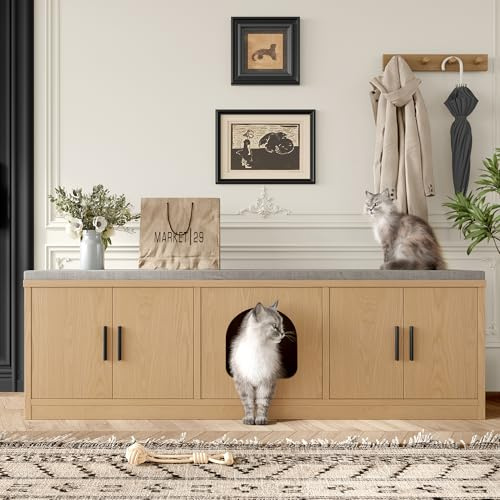Merax Versteckter Katzenschrank 140x40x45,5 cm, Multifunktionales Tiermöbel mit Kratzmatte, Belüftung, Verstellbaren Ablagen, Katzenkloschrank, für Flur und Eingangsbereich, Holzfarbe