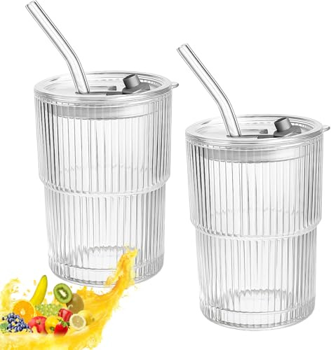 2 Pcs Glass Travel Mug,Iced Coffee Glass,Iced Coffee Glasses,Iced Coffee Cups,Belt Glass Straws,Glass Coffee Travel Mug,Vertical Stripes Iced Coffee Glass,Suitable For Hot And Cold Drinks,Glass Cups