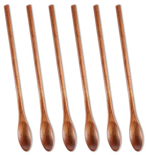 Thinp 6 Pcs Long Wooden Teaspoons, 8 Inch Long Coffee Spoons Natural Wooden Honey Spoon for Tea Coffee Drinks Jam Dessert Stirring Spoon Kitchen Utensil