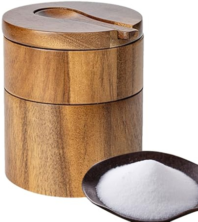 Caja De Sal De Madera - 9x9x10,5 Cm Recipiente Para Pimienta Con Cuchara Integrada | Contenedor De Sal Marina | Organizador De Cocina Rústico Para Encurtidos Mostrador Pimienta Café Azúcar