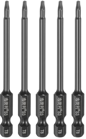 QUARKZMAN 5pcs T8 Torx Destornillador Punta, Barrena Magnética de Seguridad 1/4 Vástago Hexagonal con Agujero Antimanipulación Acero S3 6 Estrella Puntas Pulido Espejo, 75mm Largo