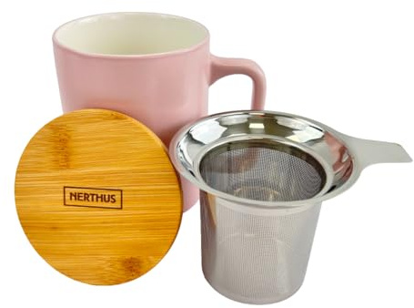 Nerthus FIH 1570 tasse céramique 375 ml avec infuseur acier inox et couvercle bambou design élégant idéale thé infusions rose