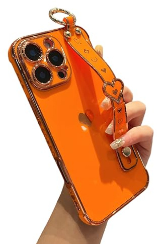 DEFBSC for iPhone 16 Pro Max Case with Wrist Strap, Plating Heart, Orange | Cute Side Love Pattern Phone Case with Wristband Finger Holder Stand Soft TPU Bumper Shockproof Protective Cover