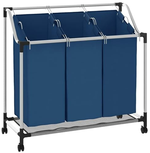 Carrello portabiancheria, 3 scomparti in acciaio con sacchi rimovibili, ruote e maniglie per facile movimento, telaio resistente fino a 20 kg, blu, per organizzazione lavanderia