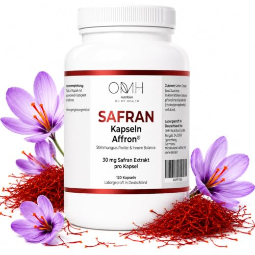 OMH Nutrition Safran Kapseln 30 mg – Affron® Extrakt aus Spanien – 120 Stück – Natürlicher Stimmungsaufheller für Innere Balance – Vegan – Laborgeprüft in Deutschland