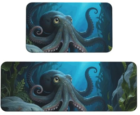 Octopus Print Kitchen Rugs Set of 2, Cushioned Anti-Fatigue Kitchen Mats for Floor, Waterproof Comfort Standing Mat Absorbent Velvet Kitchen Runner Rugs 17x30+17x47