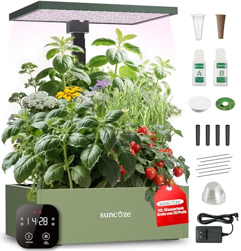 SUNCOZE Huerto Hidropónico con 20 Cestas, Verde | Depósito de 10L, Luz LED de 30W, Altura hasta 635 mm, Bomba Silenciosa con Temporizador, para Casa