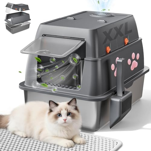 GTPLAYER XXL Stainless Steel Cat Litter Box with Lid, High Sided Enclosed Cat Litter Box, Activated Carbon Odor Control, Extra Large Metal Litter Box, Anti-Leak, with Mat & Scoop, Pinky Paws