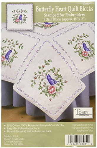 Tobin T288081 Stamped Quilt Blocks Cross Stitch Kit, 18 by 18-Inch, Butterfly Heart, White, 6 Per Package