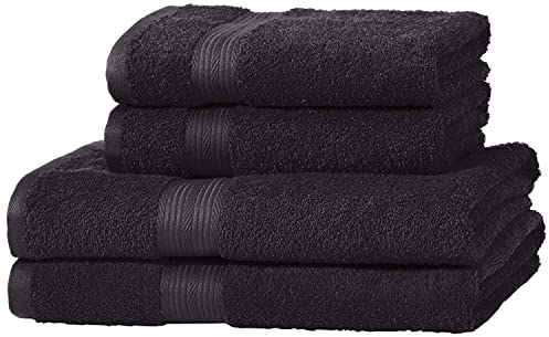 Amazon Basics 4 Piece Fade resistant bath towel set for bathroom, 100% Cotton soft and absorbent, 2 Bath + 2 Hand Towels, Black