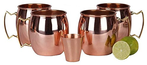 Moscow Mule Reines Kupfer massiv ungefüttert Becher/Tasse, Set 4 (473 ml/Set von 4, glatt) mit Bonus Shot Glas
