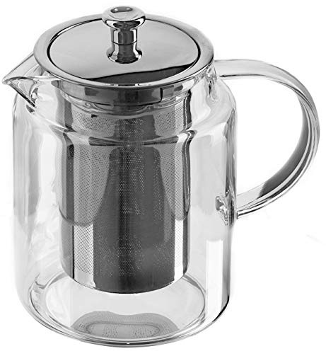 GGC Teekanne/Teezubereiter aus Glas mit Infuser Siebeinsatz (Edelstahlsieb) und Deckel I Glaskanne/Teebereiter ist ideal für Teeservice mit losem Grün- und Schwarz Tee geeignet I 1 Liter Glaskaraffe