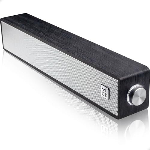Wired Computer Sound Bar, USB-Powered PC Speakers; MICA M30 Wooden Wired LED Volume Control Mini Speakers for Multiple Devices (with 3.5mm AUX & PC input) (Black)