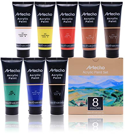 Artecho Acrylfarben Set Professional 8x120 ml, Acrylic Paint Set, Wasserfest und Lichtecht, Schnell Trocknend, Ideal für Leinwand, Holz, Stoff, Handwerk, Leder und Stein.