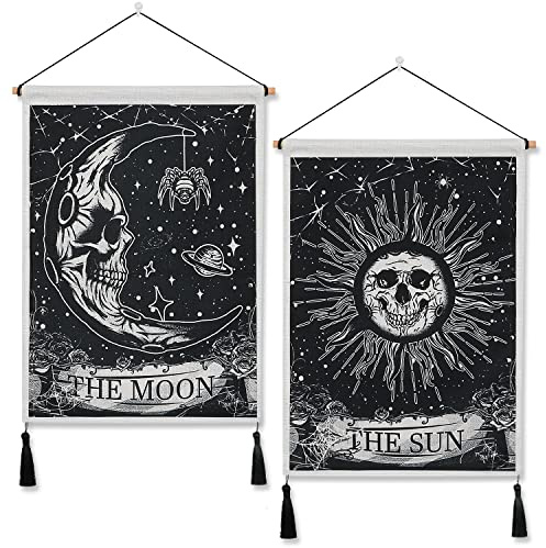 Weldomcor Schädel Tapisserie Tarot Wandbehang, Wandteppich Set X2 Sonne und Mond Psychedelische Tapisserie Indisch Hippie Heimdekoration, 39 x 49.5cm