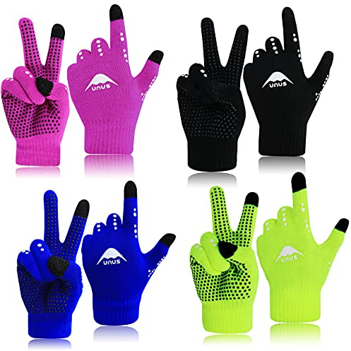 FINGER TEN Winter Cycling Gloves for Kids Boys Girls Knitted Glove Value 4 Pairs, Winter Running Gloves Junior Youth Age 5-13 for Outdoor Bike Riding Sport Football School (Multicolor)