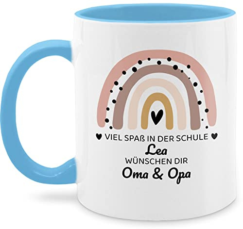 Tasse Tassen 325ml - Einschulung Schulanfang - Regenbogen mit Glückwünschen - 325 ml - Hellblau - schulkind personalisierte einschulungsgeschenke schulanfänger viel spaß in der schule