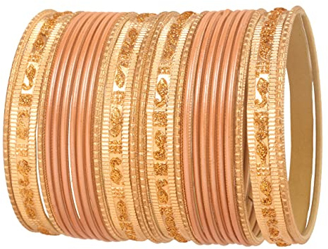 Touchstone Indische Bollywood „Colorful 2 Dozen Bangle Collection“ Golden Glitters texturierte Pfirsich Farbe Designer-Schmuck spezielle Armreifen Armbänder Set von 24 in Gold Tone für Frauen.