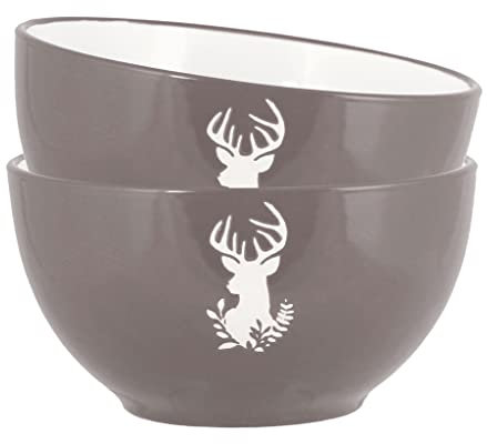 Bowl Set of 2 Breakfast Cereal Dessert Soup Pasta Bowls - Hand Painted Grey & White Country Stag Stoneware Crockery Dishwasher & Microwave Safe Dinnerware Set