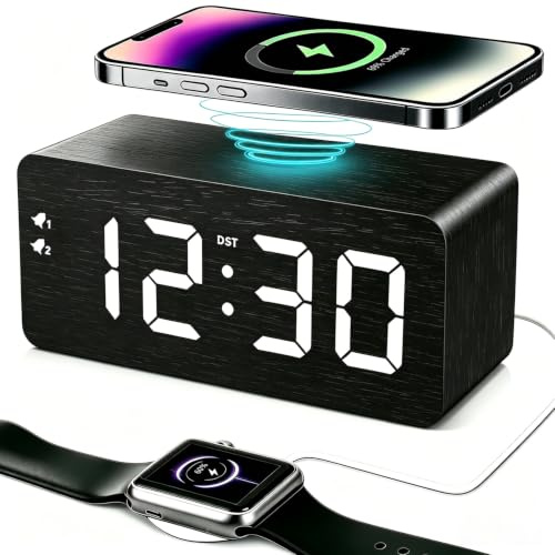 URAYCO Wood Digital Alarm Clock with 10W Fast Wireless Charger, USB Charging Ports, DST, Dimmable, Snooze, Large Number LED Display for Bedrooms, Desk, Living Room Table, Bedside, Nightstand (Black)