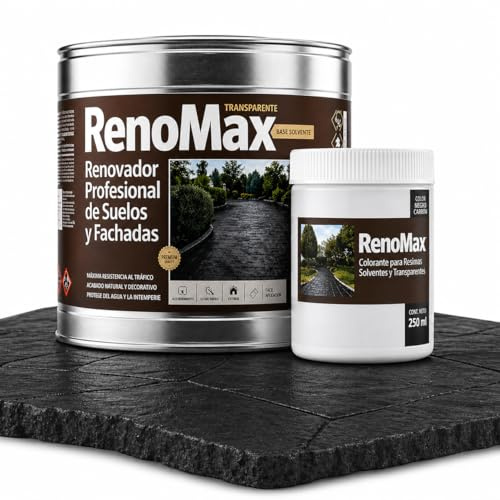 Renomax - Resina Hormigon Impreso y Superficies Porosas Al Disolvente + Tinte Hormigon Impreso Negro Carbón, 2L Cubre hasta 20m² | Repara y Protege Suelos,Fachadas | Fácil de Aplicar, Garantía 5 Años