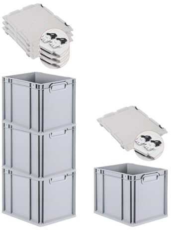 PROREGAL SuperSparSet 4x Eurobox NextGen Economy mit Scharnierdeckel & schwarzen Verschlüssen | Griffe geschlossen | HxBxT 32x30x40cm | 30 Liter | Eurobehälter Transportbox Transportbehälter