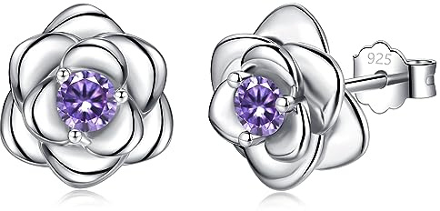 Sterling Silver Studs Earrings for Women, Dainty Silver Rose Flower Stud Earrings with Cubic Zirconia Stud Jewellery Gifts for Ladies Girls