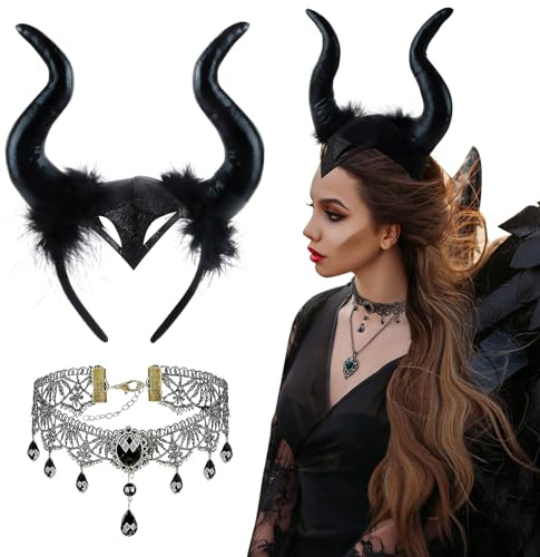 badaren Halloween Corna da Diavolo, 2 Pezzi Corno Diavolo con Collana Gotico Pizzo Nero, Cerchietto Con Corna, Costume Halloween Donna per Terrore Festa Cosplay Carnevale (Nero)