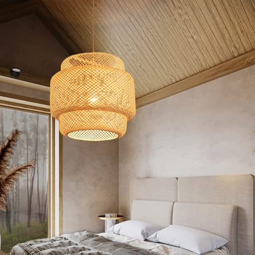 KLUFO Chinese Style Hollow Lantern Pendant Lamp Bedroom Atmosphere Wicker Bamboo Woven Chandelier Hand-Woven Basket Rattan Ceiling Light Fixtures for Living Room,Kitchen,Bedroom(Beige,50cm)