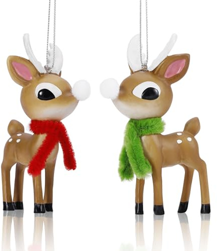 EnrichFun 2025 Figurines Christmas Decorations Resin Décor for Tree Hanging Ornament, Holiday Winter Indoor Home Table Decor Xmas Gifts, Reindeer 2-Pack, 4 in