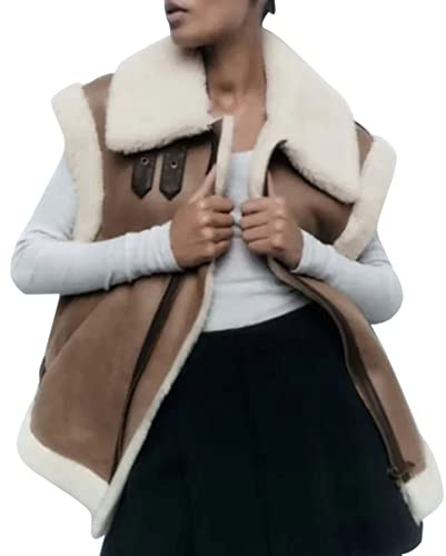 Damen-Weste, Lammfell-Weste, mit Kunst-Teddy-Fleece gefüttert, Reißverschluss, kontrastierende, ärmellose, dicke Jacken, Übergröße, leger, Biker, warme Weste für Damen, coffee, 36
