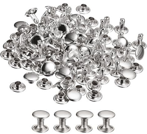 sourcing map 100 Sets Leather Rivets, 6x6mm Double Cap Rivets Metal Studs Rivet for Leather Craft Repair DIY Purse Belts Bags Shoes, Silver Tone
