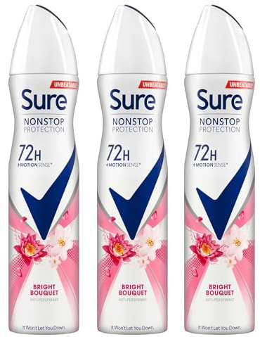 Sure Antiperspirant 72H Nonstop Sweat and Odour Protection Alcohol-Free Body Spray Anti-White Markswith Fresh and Clean Multi Fragrance Deodorant for Women, 250ml (Bright Bouquet, Buy 3)