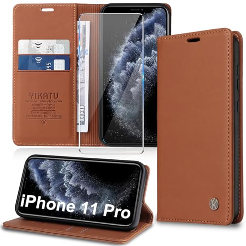 Migexxkj Handyhülle für iPhone 11 Pro Hülle [mit Schutzfolie][Premium PU Leder] Klapphülle Kartenfach Magnetic Ständer Flip Case Cover Etui Tasche Schutzhülle für iPhone 11 Pro 5.8“ (Brown)