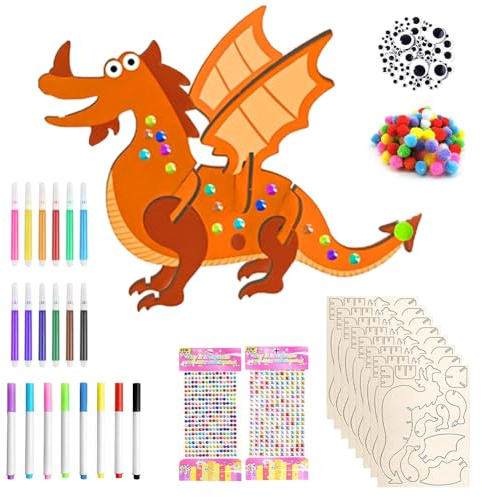 Ainiv 8 Stück Dinosaurier Holz Bastelset, 3D Puzzle Holz | DIY Dino Holzbastelsets mit Aquarellstift, Kreative Bemalen Handwerk zum Bemalen und Basteln