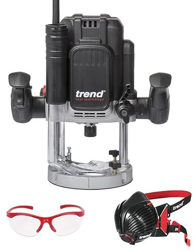 Trend T12 Variable Speed 2300W Router and Safety Gear Set, 1/2 Inch Plunge Router 240V, Air Stealth Dust Mask & Safety Glasses, T12/SAFE/SET